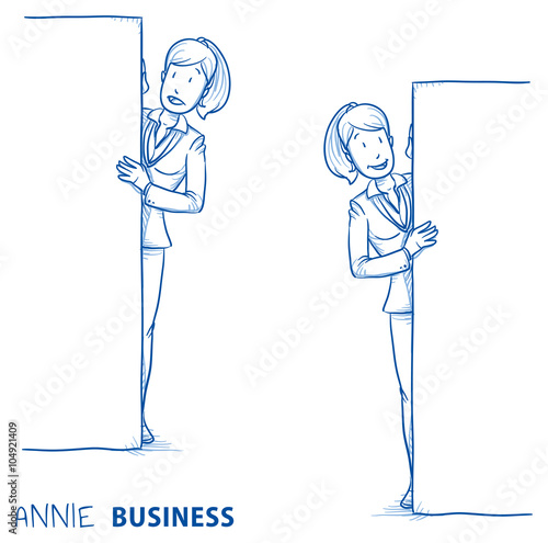 Happy young woman in business clothes peering behind a wall in two emotions. Hand drawn line art cartoon vector illustration.