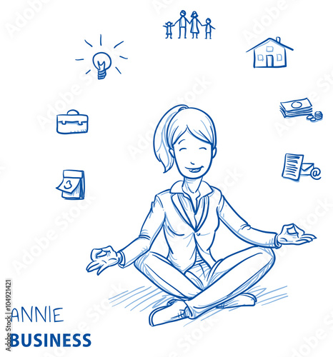 Happy young woman in business clothes sitting in yoga pose with icons of easily organizing life, business and family around her. Hand drawn line art cartoon vector illustration.
