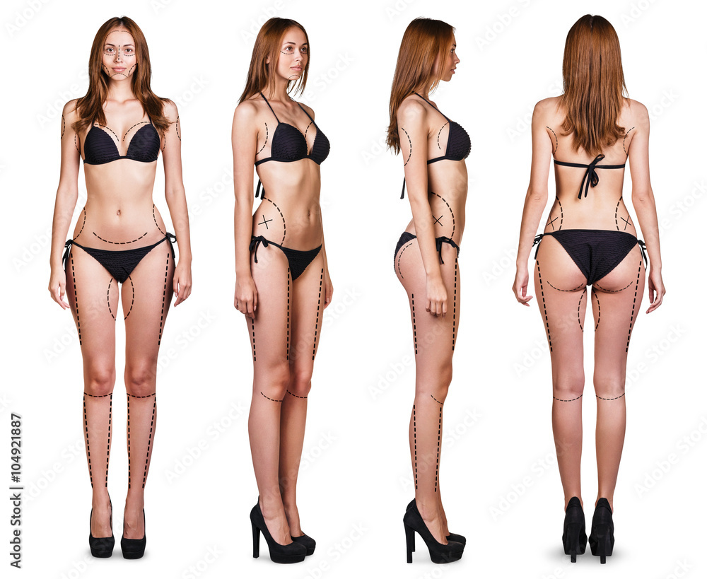 Woman body with correction lines - obrazy, fototapety, plakaty 