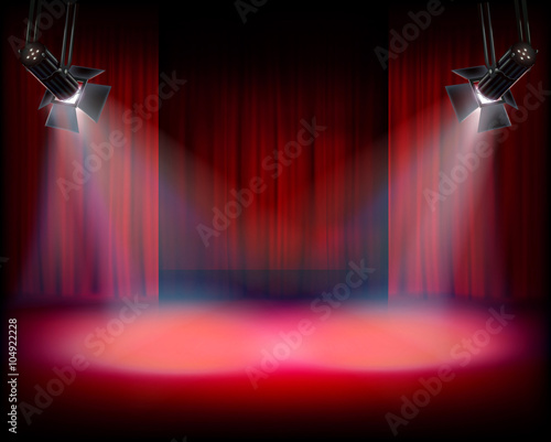 The Stage with red curtain. Vector illustration.