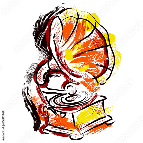 Gramophone. Hand drawn grunge art style. Retro vector illustration. Banner, card, scrap booking. t-shirt, bag, postcard, poster.