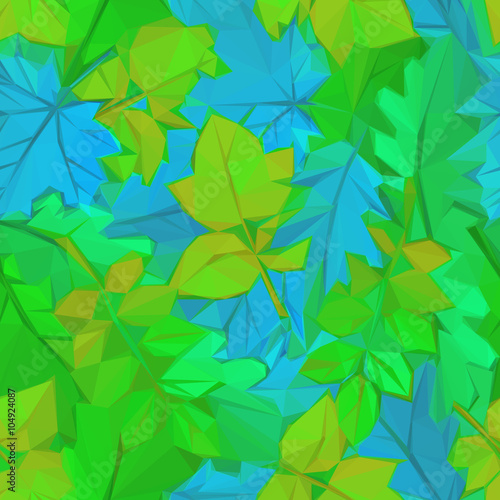 Background with Summer Leaves of Plants over the Blue Sky, Polygonal Low Poly Design. Vector