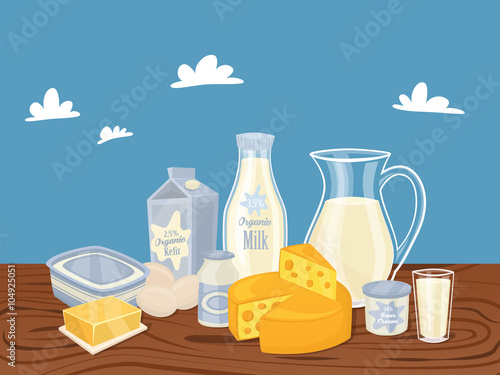 Dairy products isolated, vector illustration. Milk product on wooden table. Healthy food. Organic food. Farmers product.