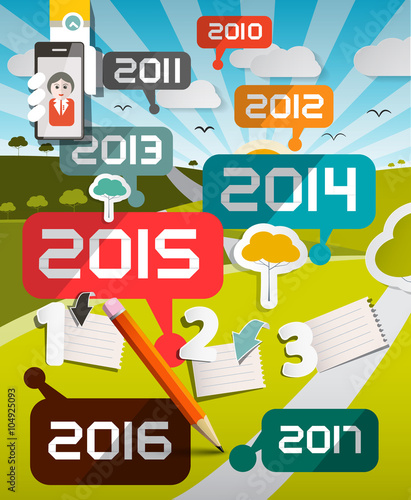 Timeline Infographics Vector Illustration with Years Titles and Landscape on Background