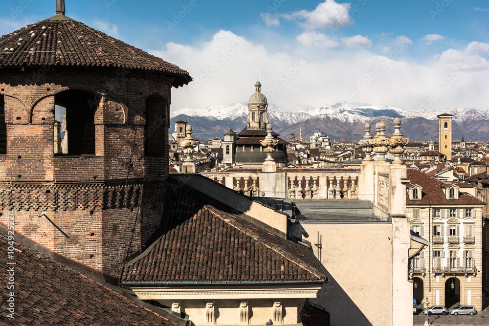 Fototapeta premium View of Turin towards the mountains from Palazzo Madama Tower, Italy