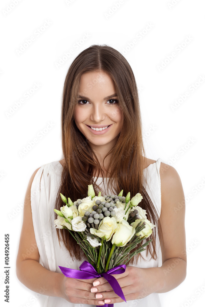 Young cute woman holding bunch of flowers Young cute woman holding bunch of flowers