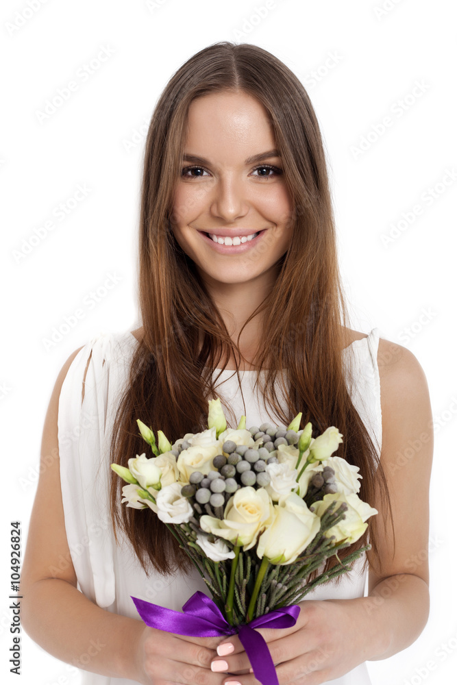 Pretty beautiful girl holding bunch of flowers Pretty beautiful girl holding bunch of flowers