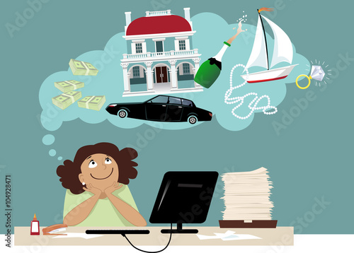 Smiling cartoon woman dreaming about money and expensive things, EPS 8 vector illustration