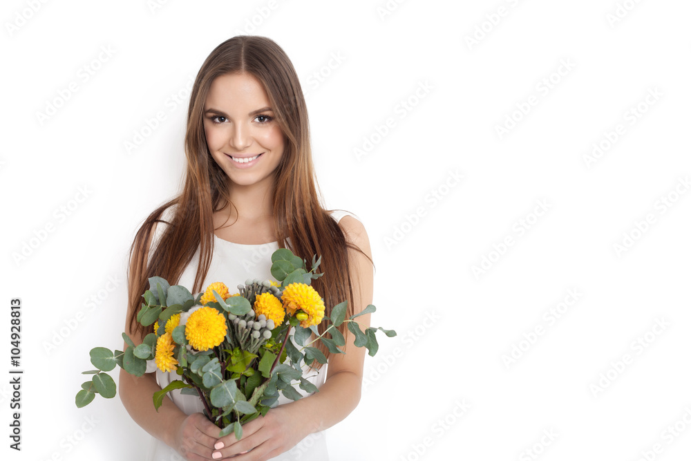 Pretty beautiful girl holding bunch of flowers Pretty beautiful girl holding bunch of flowers