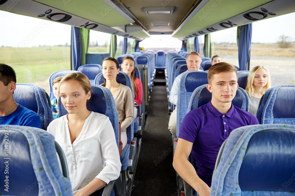 group of passengers or tourists in travel bus group of passengers or tourists in travel bus