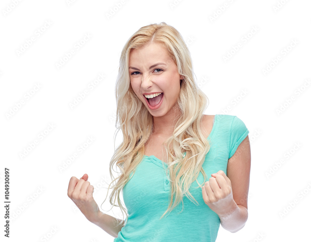 Fototapeta premium happy young woman or teen girl celebrating victory