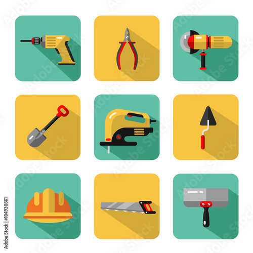 Vector icons set of construction tools: pliers, drill, spatula, helmet, shovel, saw, electric jig saw, angle grinder. Vector flat style illustration with shadow.