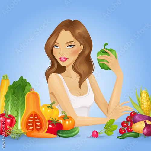 Girl with fresh vegetables. Healthy food vector illustration.

