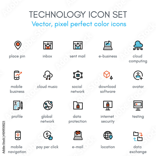 Technology theme line icon set.