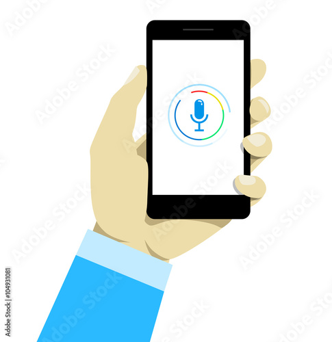 Hand holding mobile smart phone with voice control. 