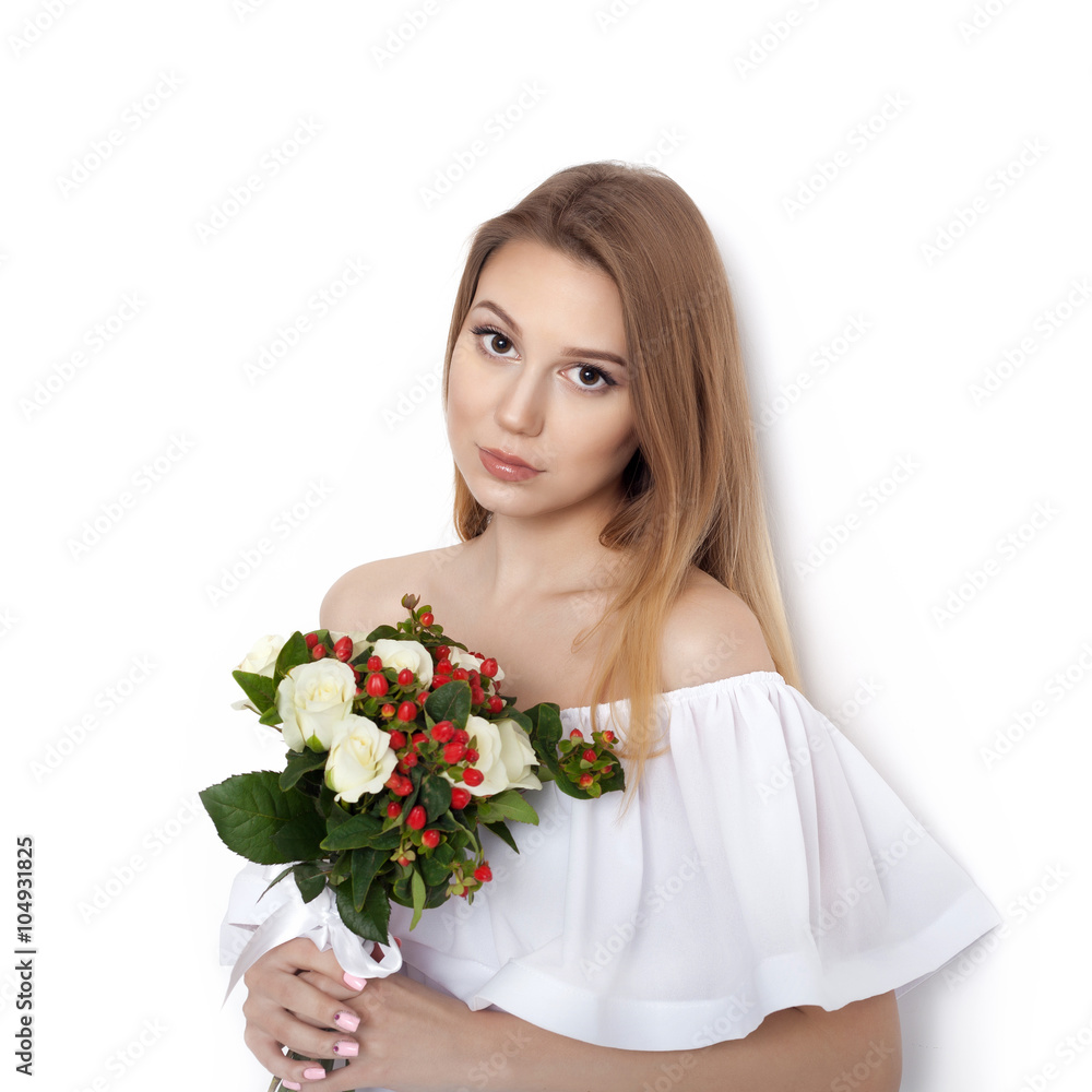 Young cute woman holding Bouquet of flowers