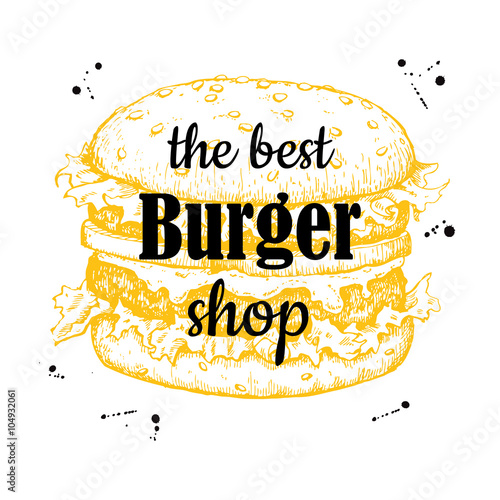 Vector vintage burger label. Hand drawn monochrome fast food ill