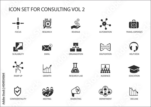 Vector icon set for topic consulting. Various symbols for strategy consulting, IT consulting, business consulting and management consulting