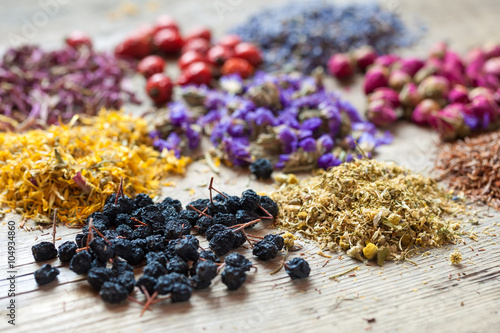 Healing herbs, herbal tea assortment and healthy berries on wood photo