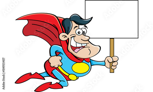Cartoon illustration of a flying superhero holding a sign.