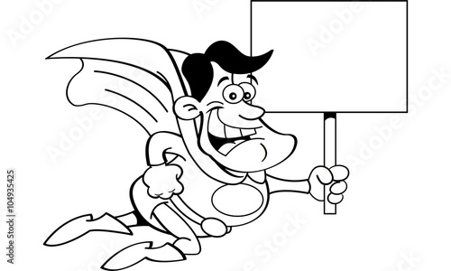 Black and white illustration of a flying superhero holding a sign.