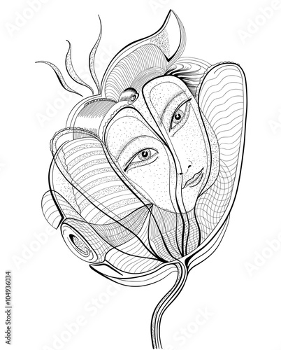 Surreal hand drawing flower with female face. Abstract graphic design, can use for posters cards, stickers, illustrations, as decorative element.