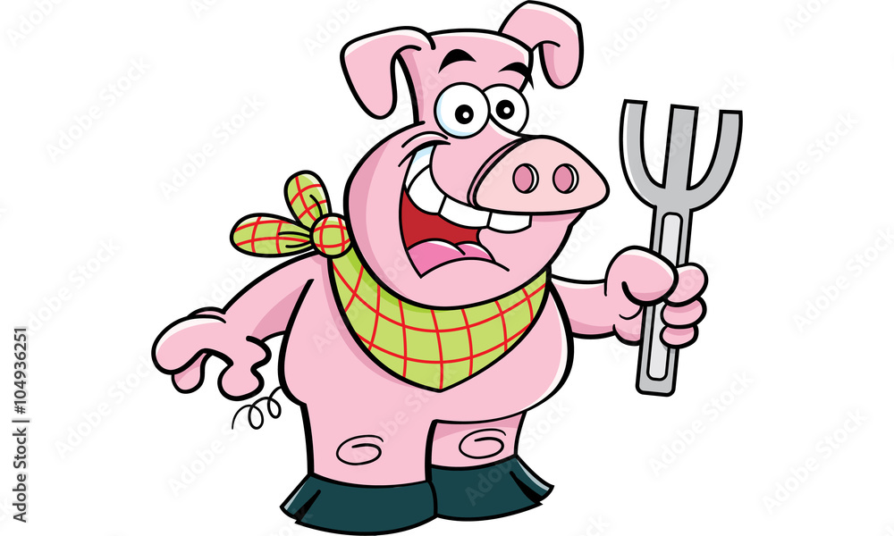 Cartoon illustration of a pig holding a fork. Cartoon illustration of a pig holding a fork.