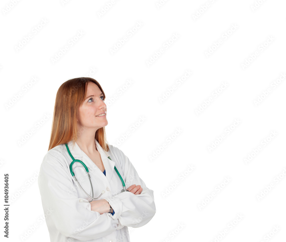 Blond doctor woman thinking Blond doctor woman thinking