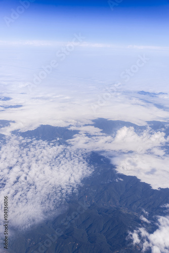 Blue sky with clouds background. view from the window of an airp