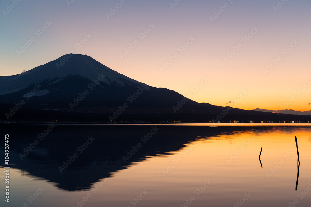 Mt. Fuji and lake yamanaka at sunset