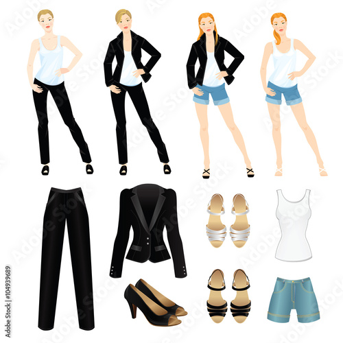 Vector illustration of different look with black suit and white shirt. Casual and formal style of clothes. Pretty woman in white blouse, black jacket and jeans shorts. Various hairstyle. Base wardrobe