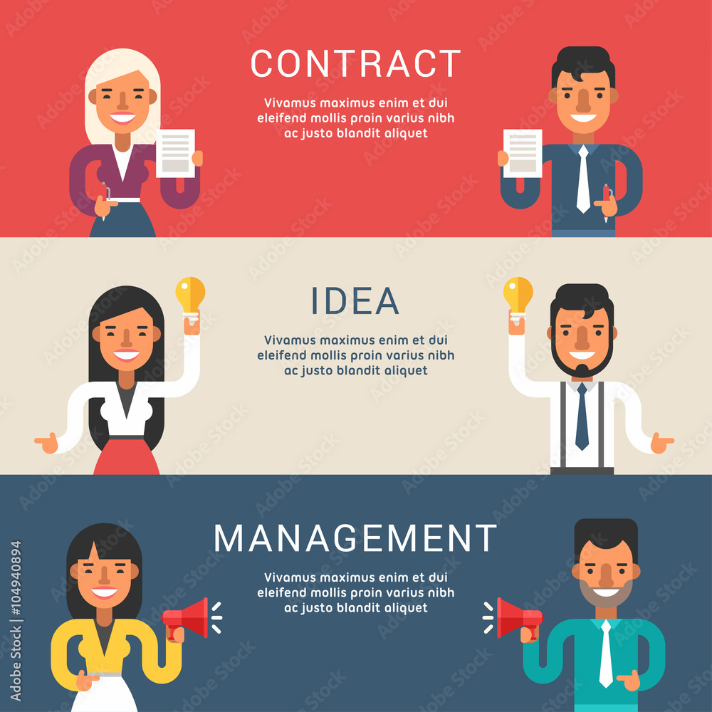 Set of Business Concepts for Web Banners with Cartoon Businessman Character. Contract, Idea, Management. Vector Illustration in Flat Design Style Set of Business Concepts for Web Banners with Cartoon Businessman Character. Contract, Idea, Management. Vector Illustration in Flat Design Style