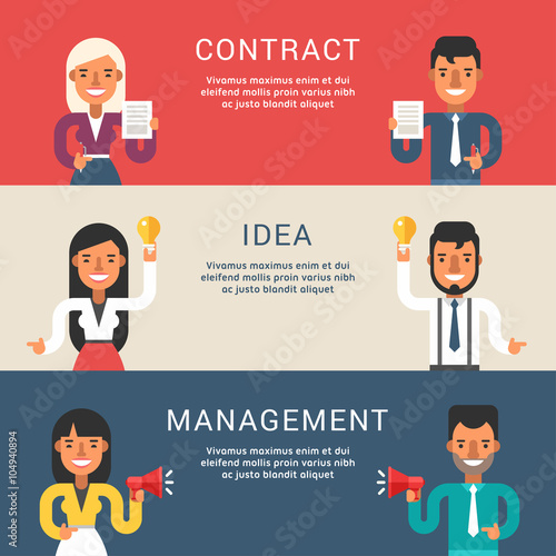 Set of Business Concepts for Web Banners with Cartoon Businessman Character. Contract, Idea, Management. Vector Illustration in Flat Design Style