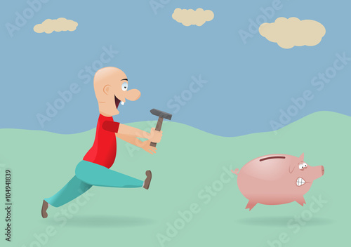 Man chasing piggy bank.Vector illustration.