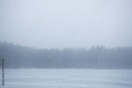 Thick fog at frozen lake landscape © Juhku