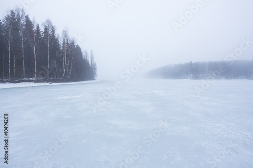 Fototapeta Naklejka Na Ścianę i Meble -  Thick fog at frozen lake landscape