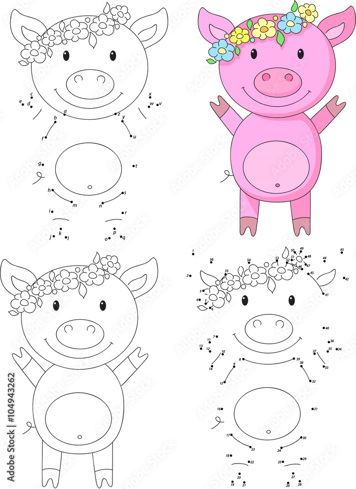 Cartoon pig. Coloring book and dot to dot game for kids Stock Vector ...