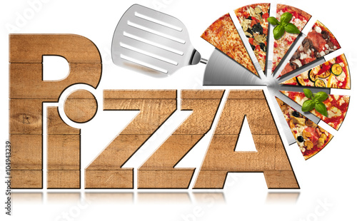 Pizza - Wooden Symbol with Slices of Pizza / Wooden icon or symbol with text Pizza, stainless steel pizza cutter and slices of pizza. Isolated on a white background