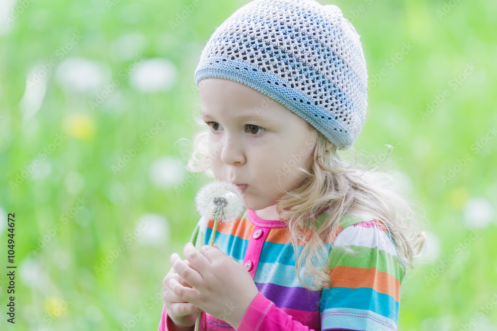 Little blonde girl wearing striped knitted hat blowing on white puffy dandelion seed head at her hand Little blonde girl wearing striped knitted hat blowing on white puffy dandelion seed head at her hand