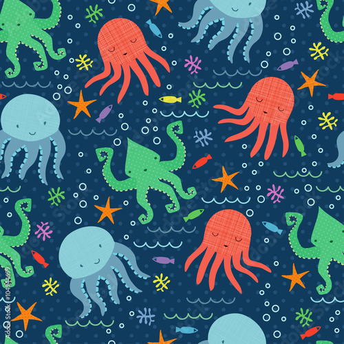 Bright children pattern with octopus. Seamless children pattern on the marine theme