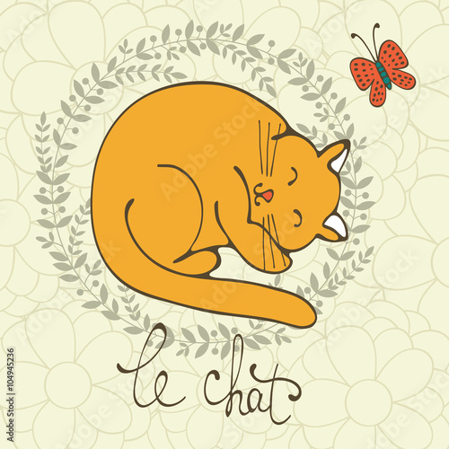 Fototapeta Naklejka Na Ścianę i Meble -  Cute cat character illustration with french lettering of cat word , Le Chat means cat in French