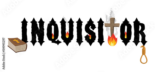 Inquisitor.Holy Bible and cross. Bonfires. Hangman noose executi