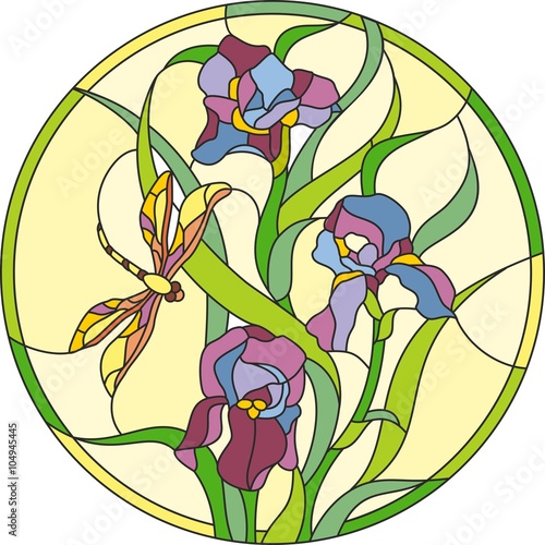 stained glass window iris flowers dragonfly