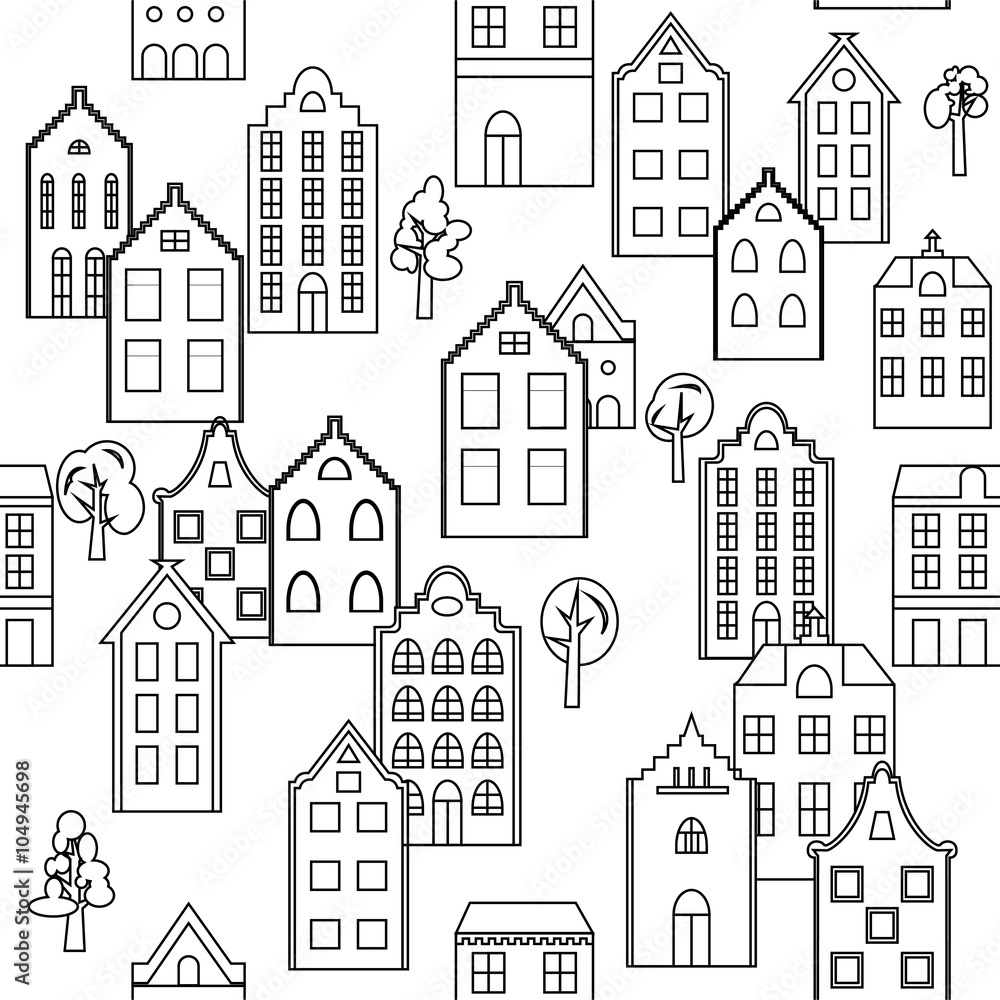 Vector seamless pattern background with european houses in black