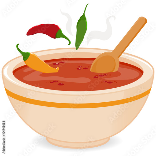Bowl of hot chili soup and chili peppers. Vector illustration