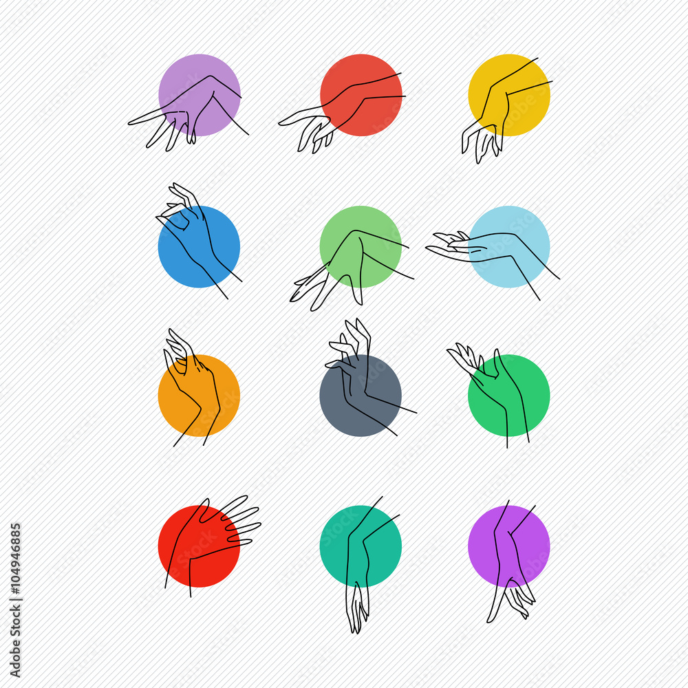 Set of vector icons of linear mapping graceful female hands in different gestures Set of vector icons of linear mapping graceful female hands in different gestures