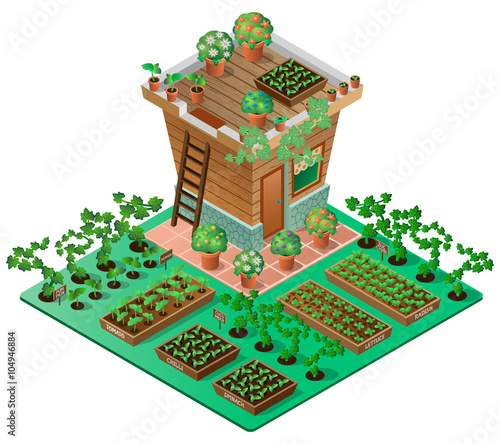Garden in spring. Garden house with seedlings and flowers. 3d isometric view. Vector illustration.