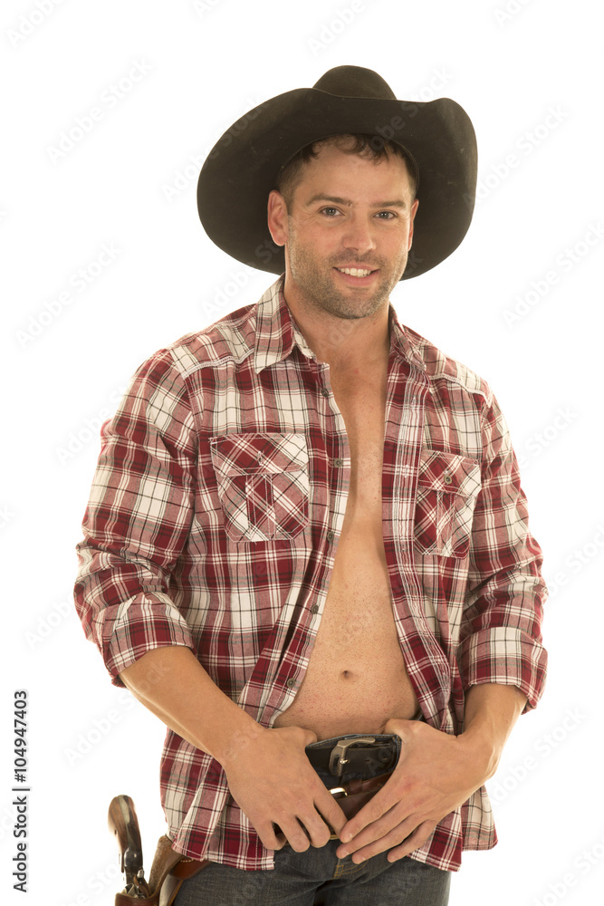 cowboy open plaid shirt hands in belt cowboy open plaid shirt hands in belt