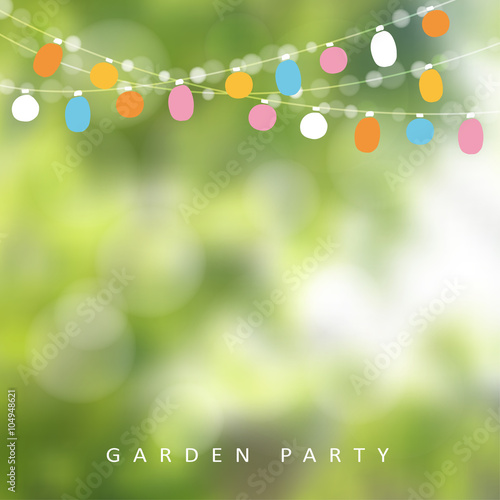 Birthday garden party or Brazilian june party, vector illustration with garland of lights, blurred background