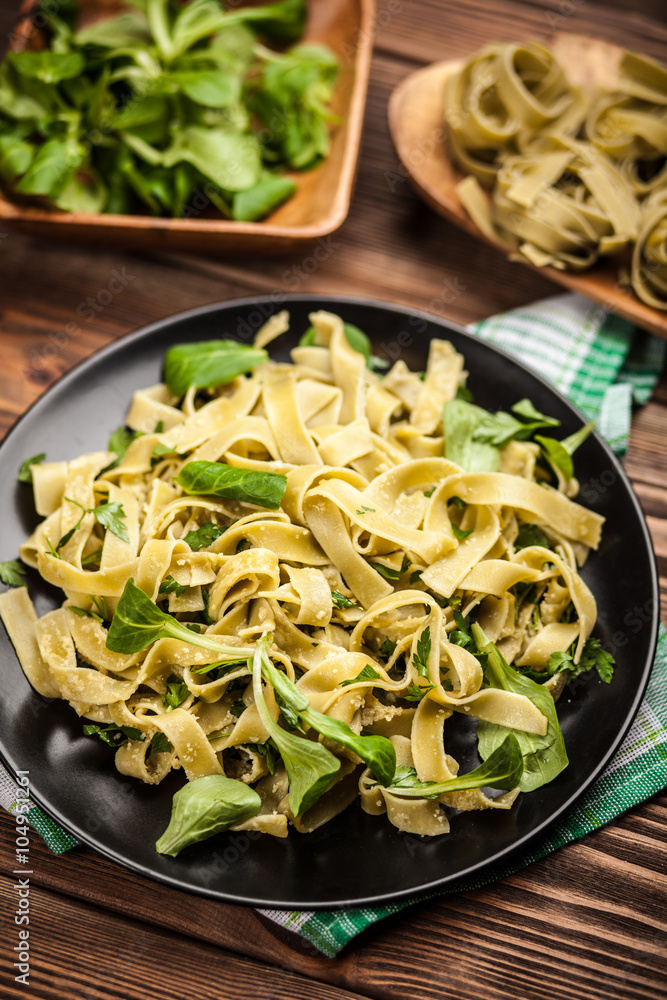 Cooked tagliatelle on a plate